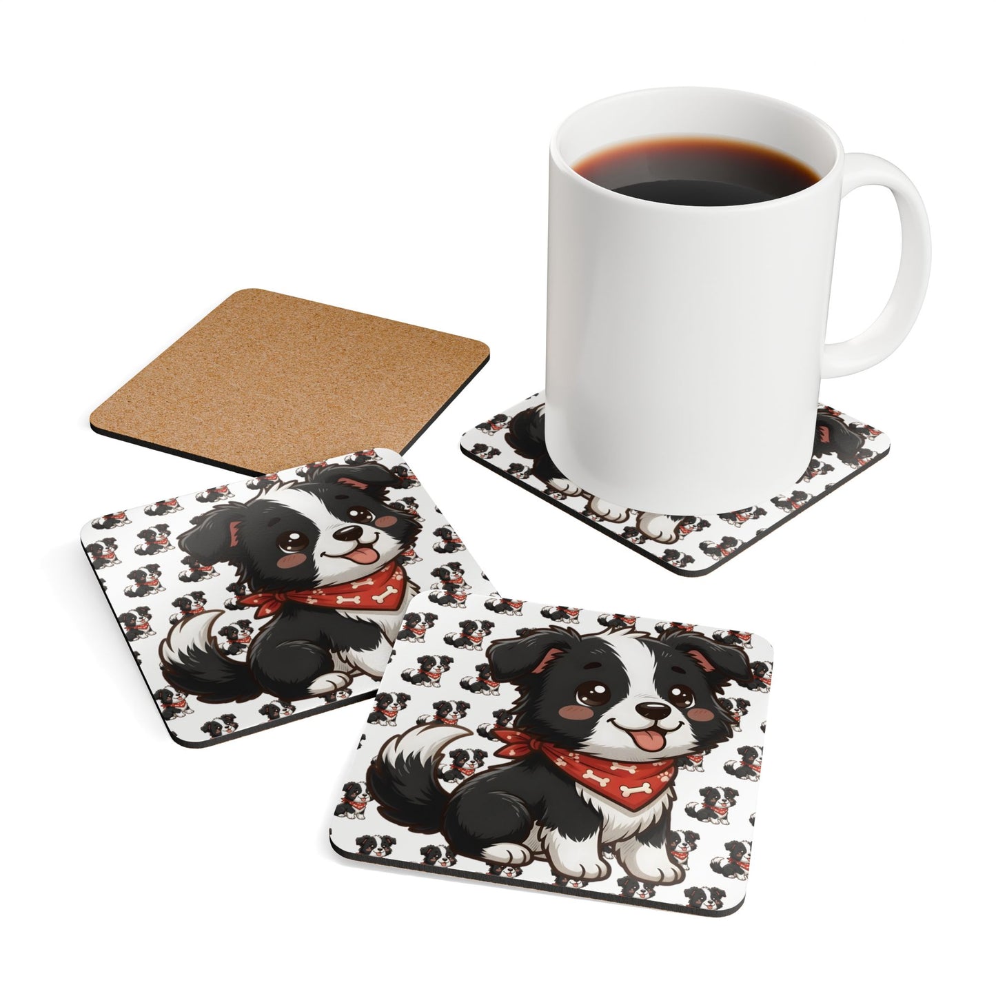 Border Collie Chibi Cork Coaster Set